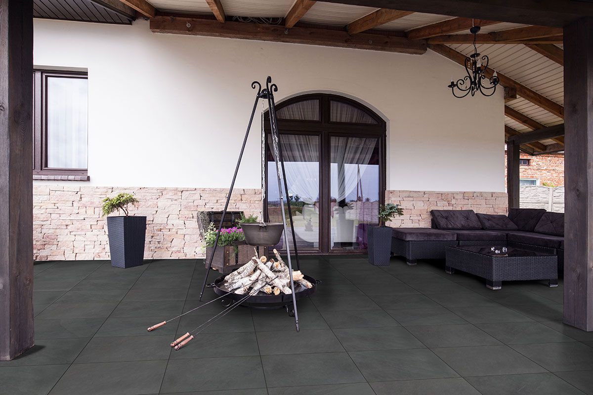 Montauk Black Slate Tile floor in outdoor living space 

