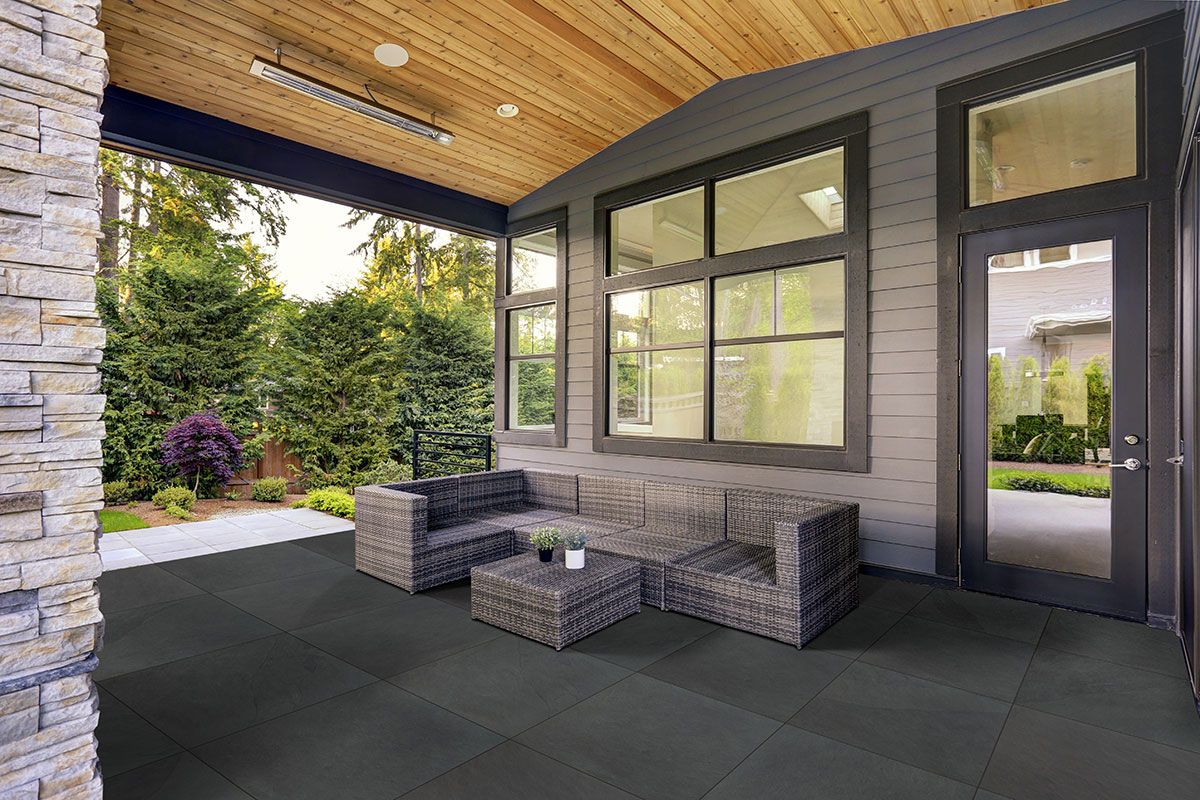 Montauk Black Slate Tile floor in outdoor living space 
