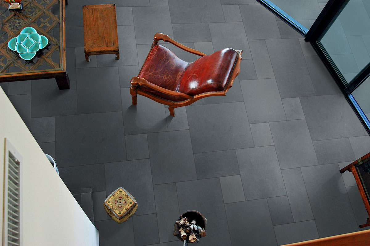 Montauk Blue Slate Tile floor in living room
