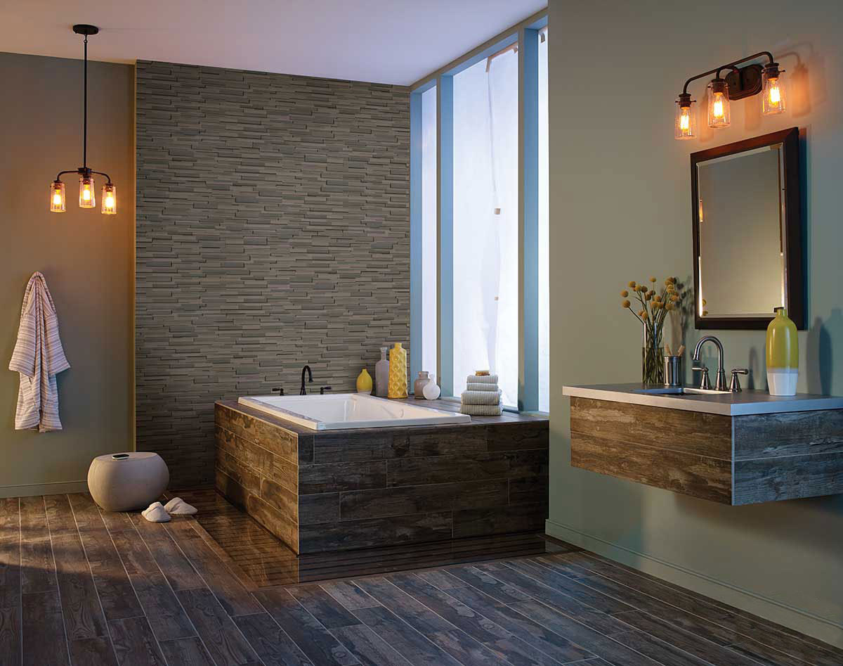 Brown Wave Stacked Stone wall in bathroom