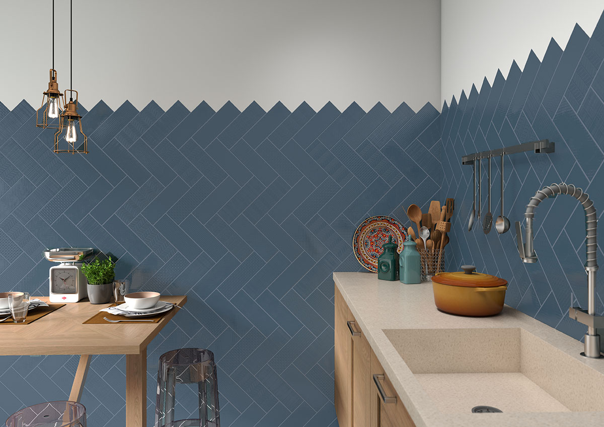 Urbano Navy 3d Mix Tile wall in kitchen
