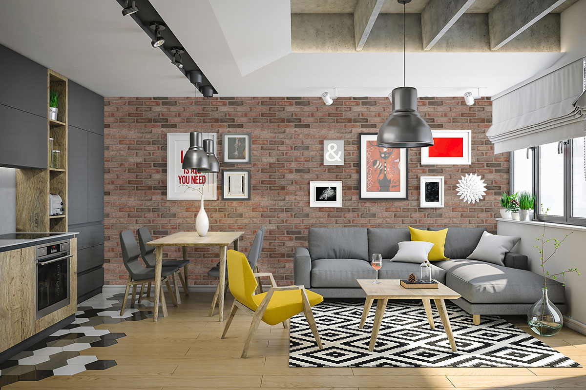 Noble Red 2.25 x 7.5 Clay Brick Tile wall in apartment