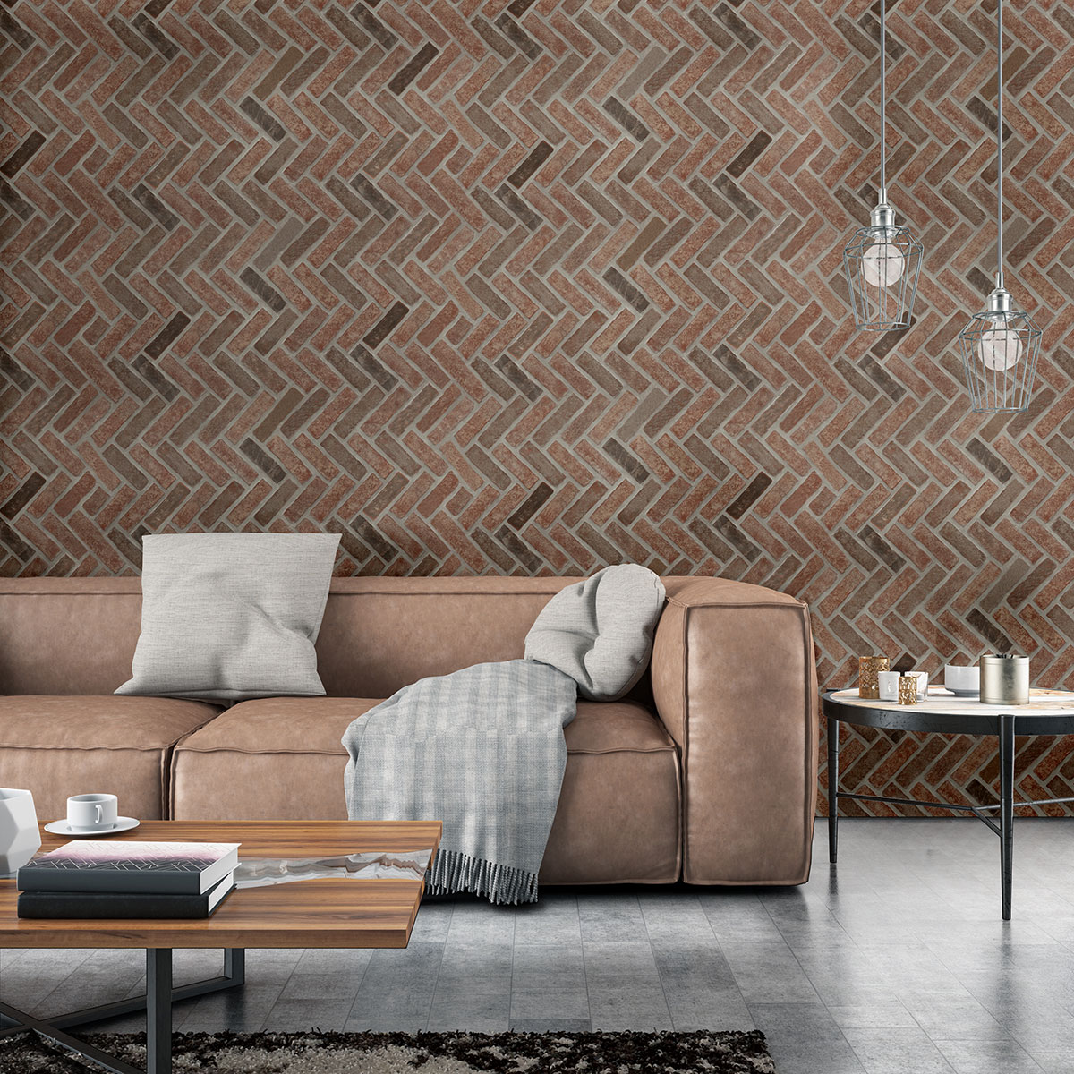 Noble Red Clay Brick Tile - Herringbone wall in living room