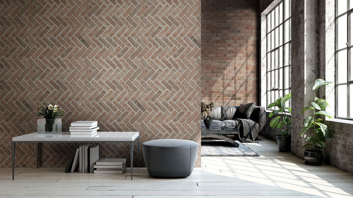 Noble Red Clay Brick Tile - Herringbone wall in living room