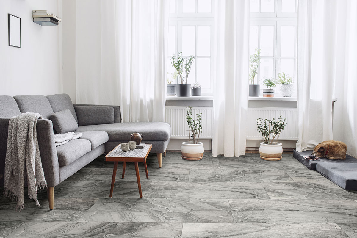 Onda Gray Porcelain Tile floor in living room