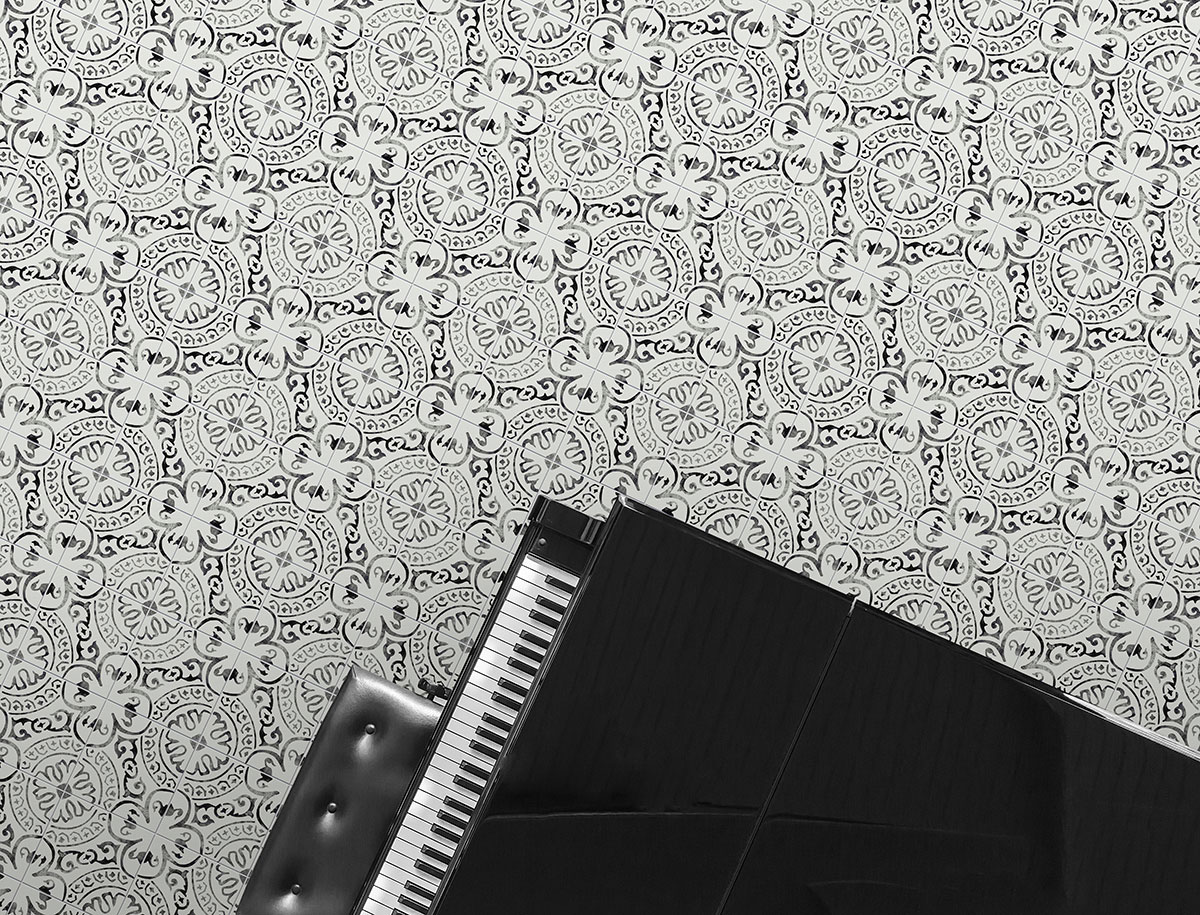 Paloma Encaustic floor tile with piano Room Scene