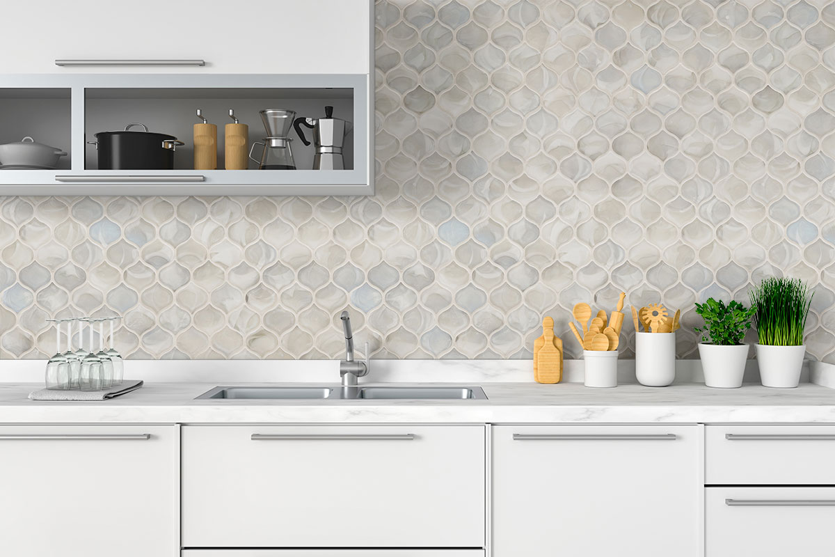 Pearla Arabesque Glass Mosaic Tile wall in kitchen