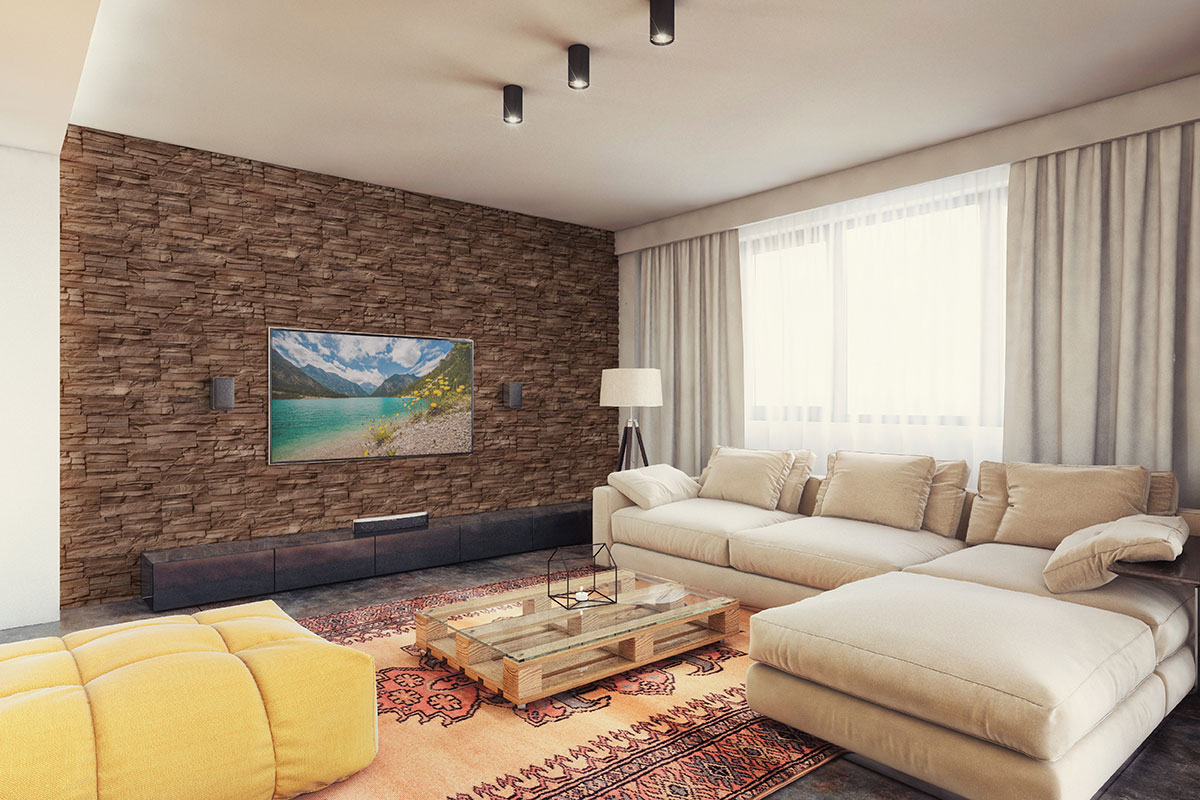 Peninsula Earth Stacked Stone wall in living room