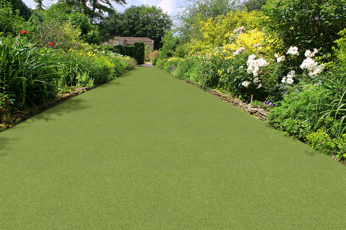 Evergrass™ Putting Green Turf 78 being used as a wide walkway through a garden