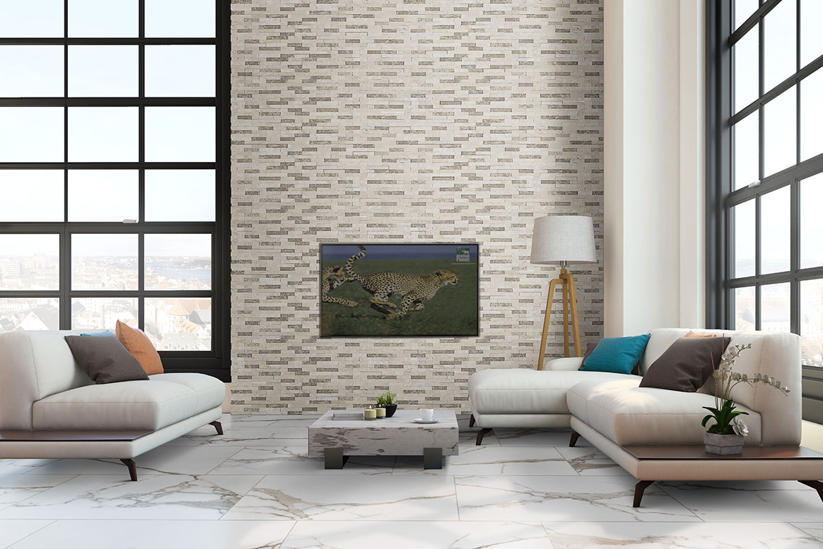 Savoy Crema Porcelain Tile floor in living room