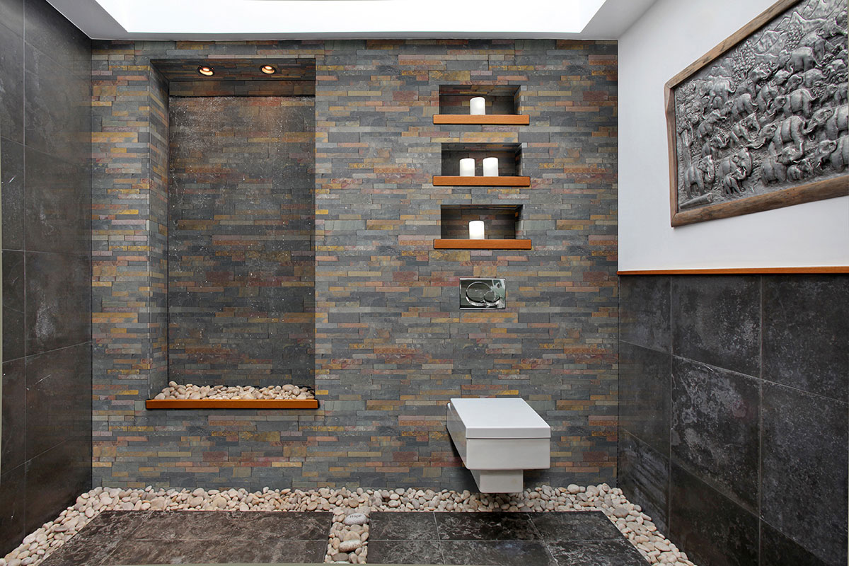 Sedona Splitface Stacked Stone wall in bathroom
