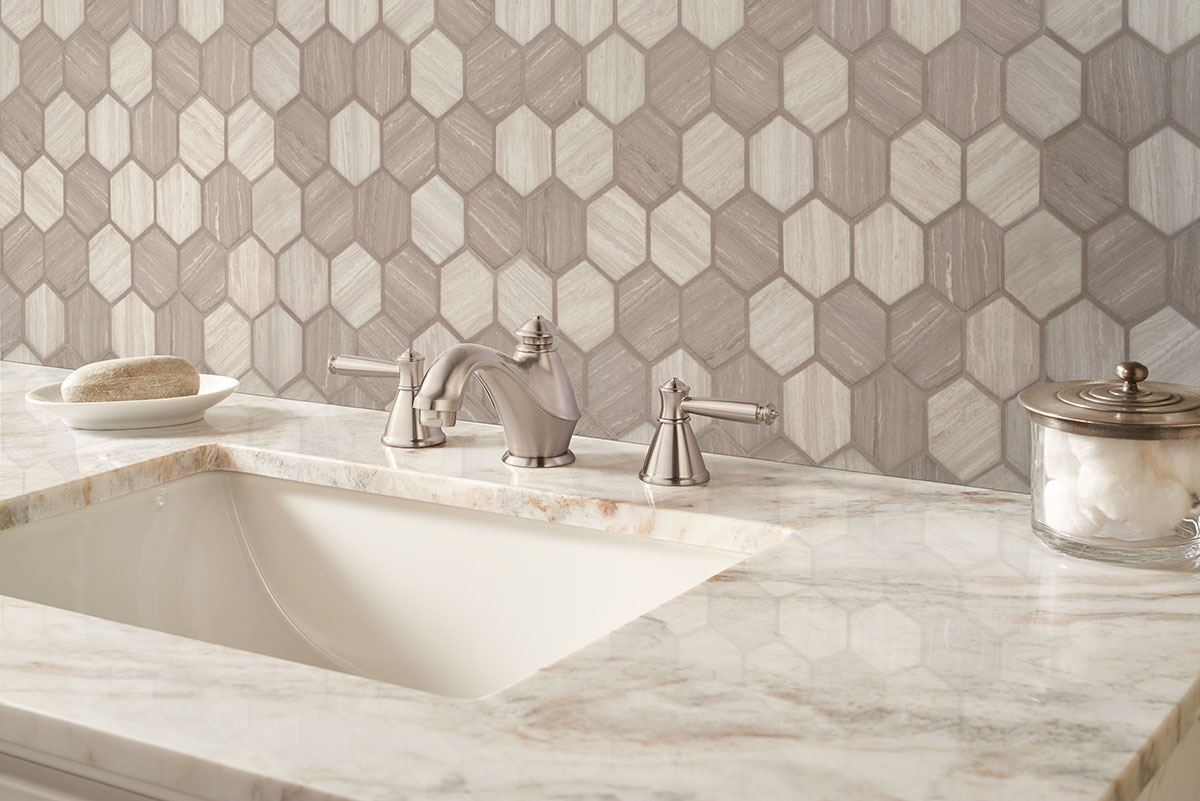 Silva Oak 2' Hexagon Mosaic Tile backsplash in bathroom