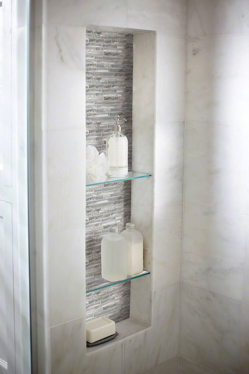 Silver Canvas Interlocking Tile backsplash in bathroom