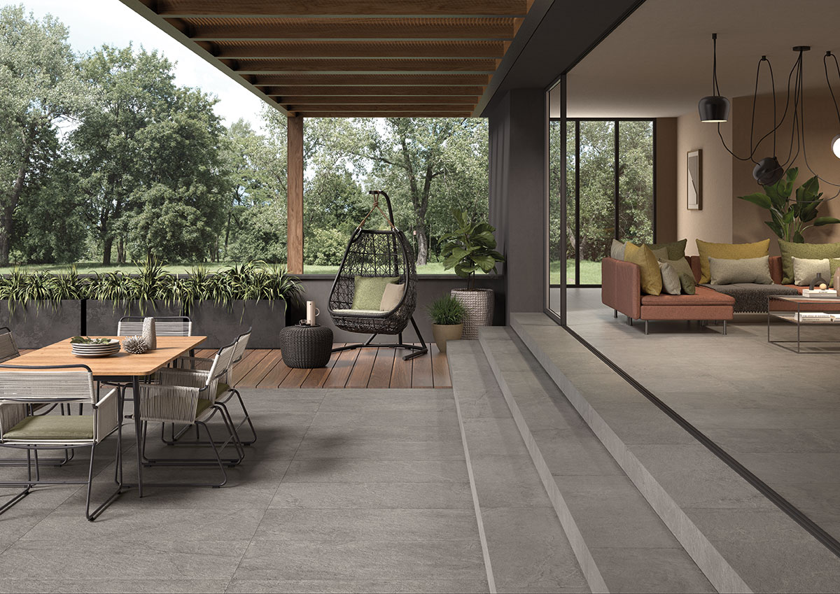 Soreno Grigio Porcelain Tile floor in outdoor living space