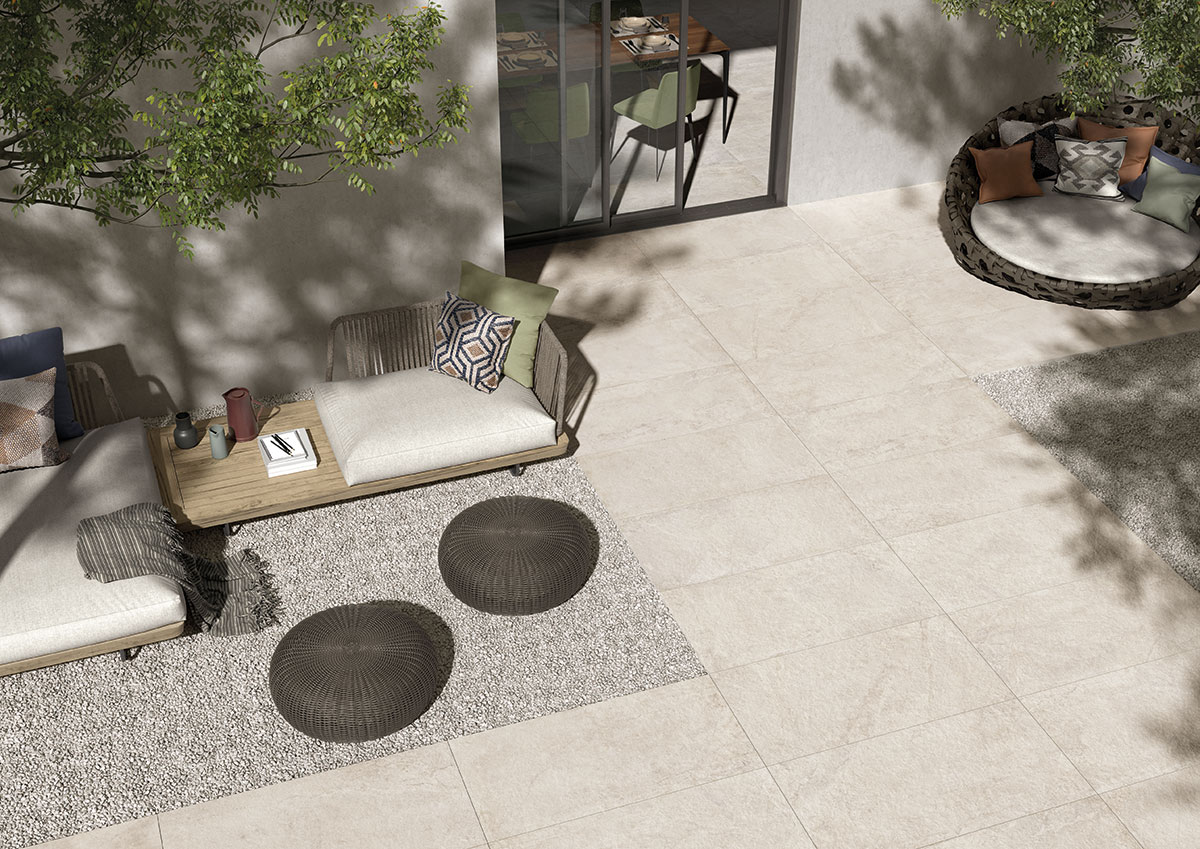 Soreno Ivory Porcelain Tile floor in outdoor living space