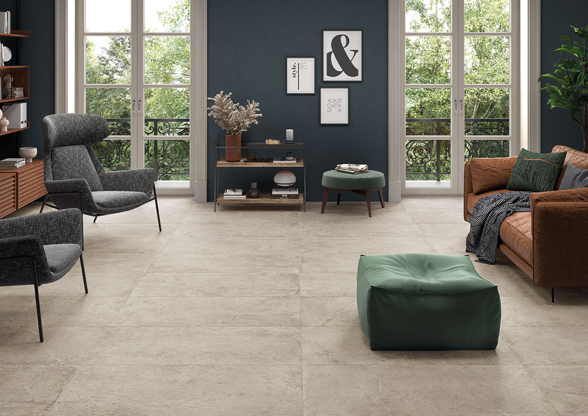 Soreno Taupe Porcelain Tile floor in living room