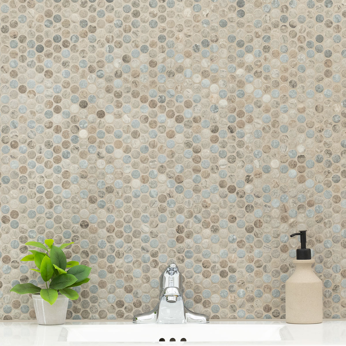 Stonella Penny Round mosaic tile wall in bathroom