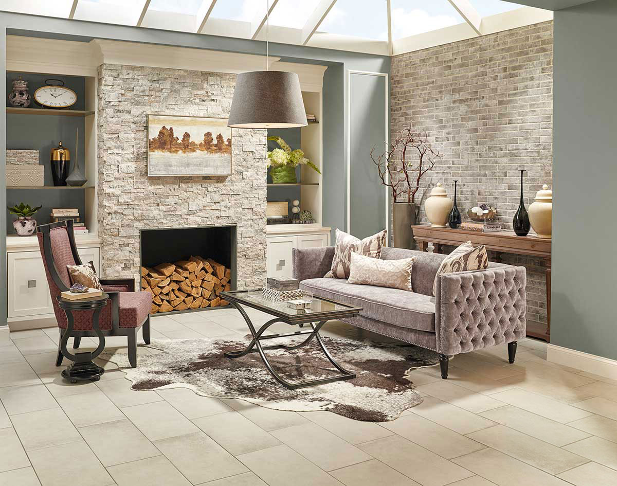 Brickstone Taupe 2x10 Brick Tile accent wall in living room