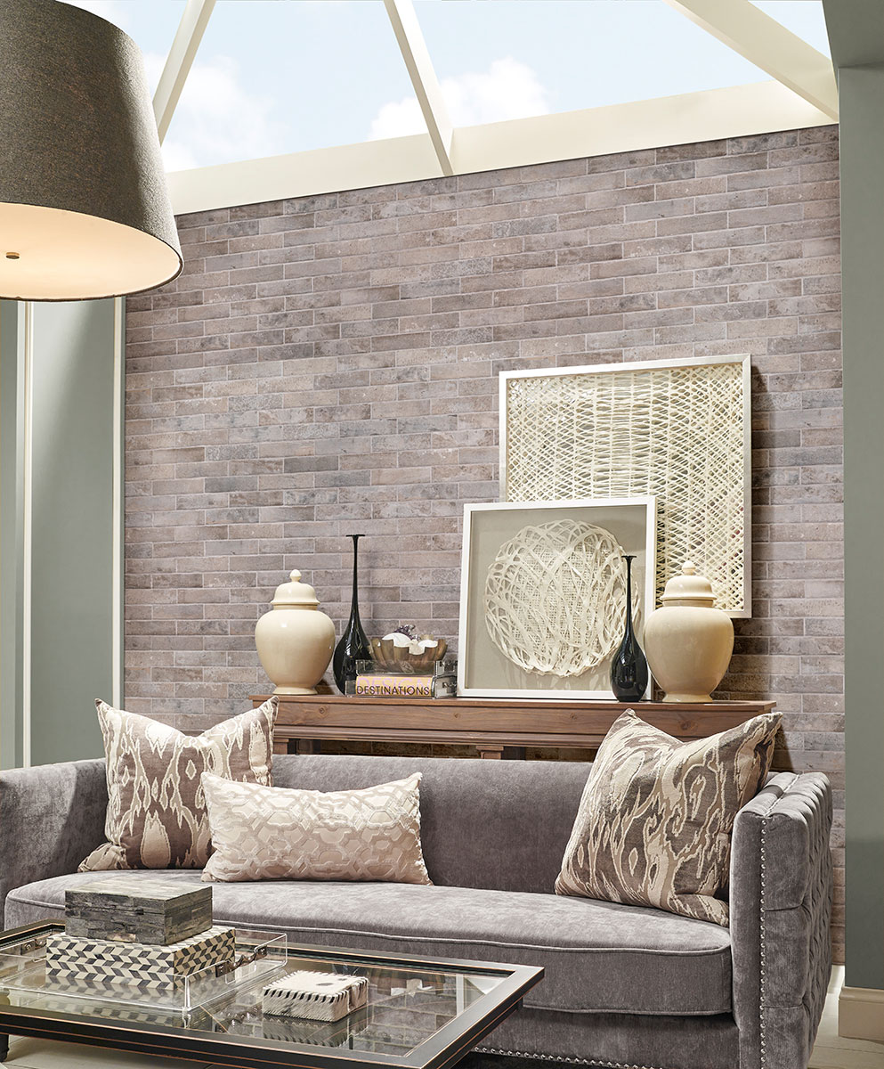 Brickstone Taupe 2x10 Brick Tile wall in living room