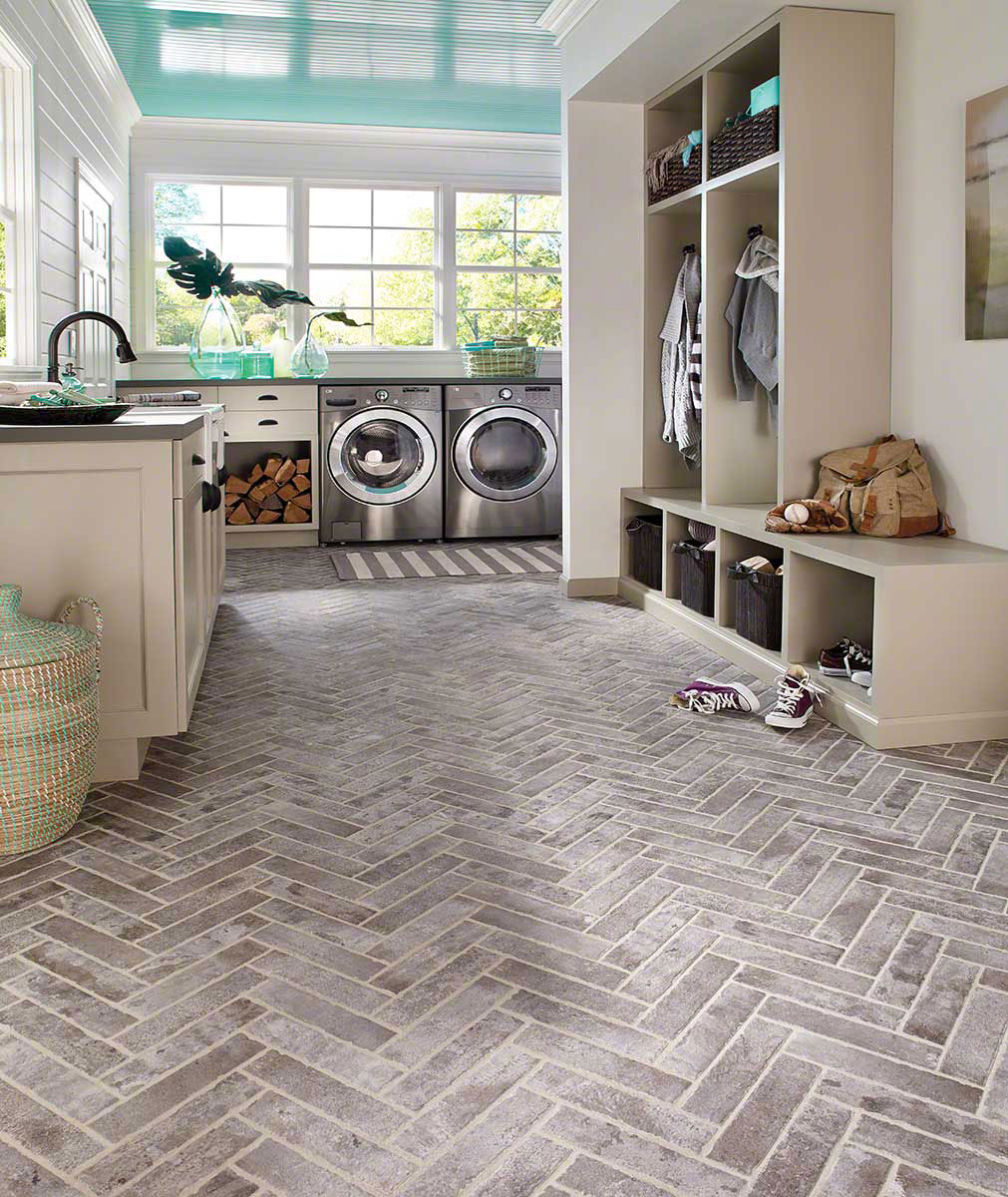 Brickstone Taupe 2x10 Brick Tile floor in laundry area