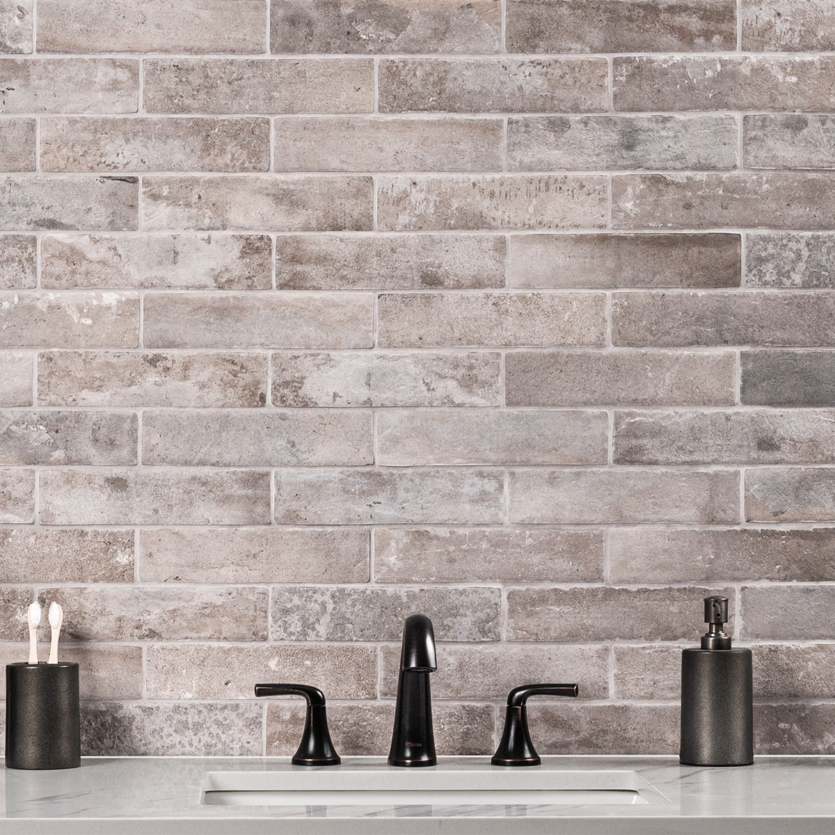 Brickstone Taupe 2x10 Brick Tile wall in bathroom