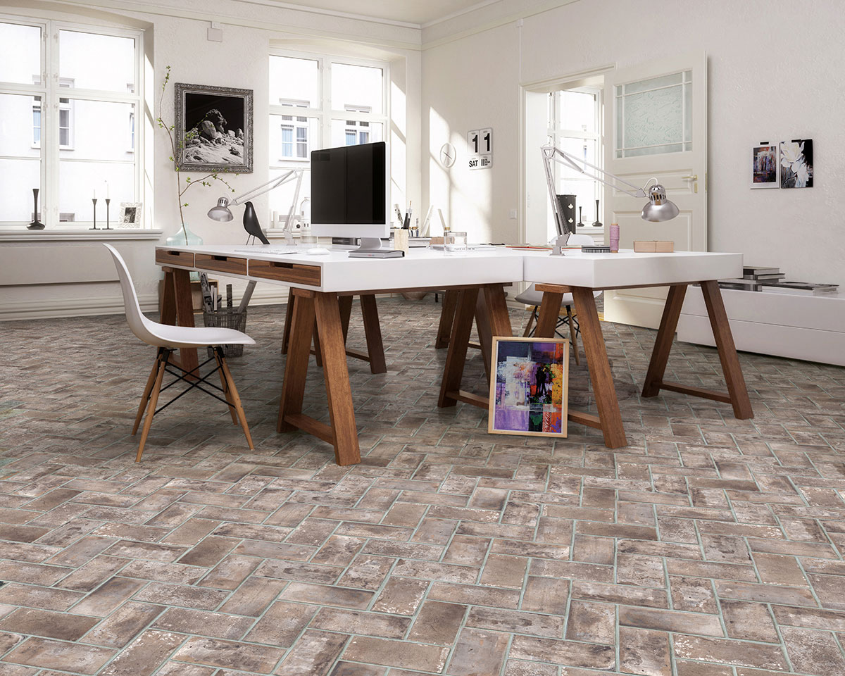 Brickstone Taupe 2x10 Brick Tile floor in office