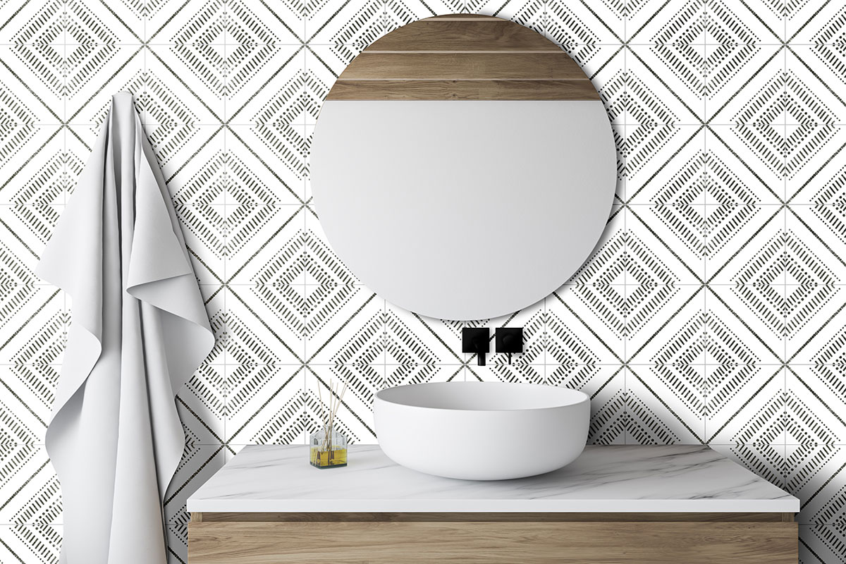 Tessa Encaustic Tile wall in bathroom