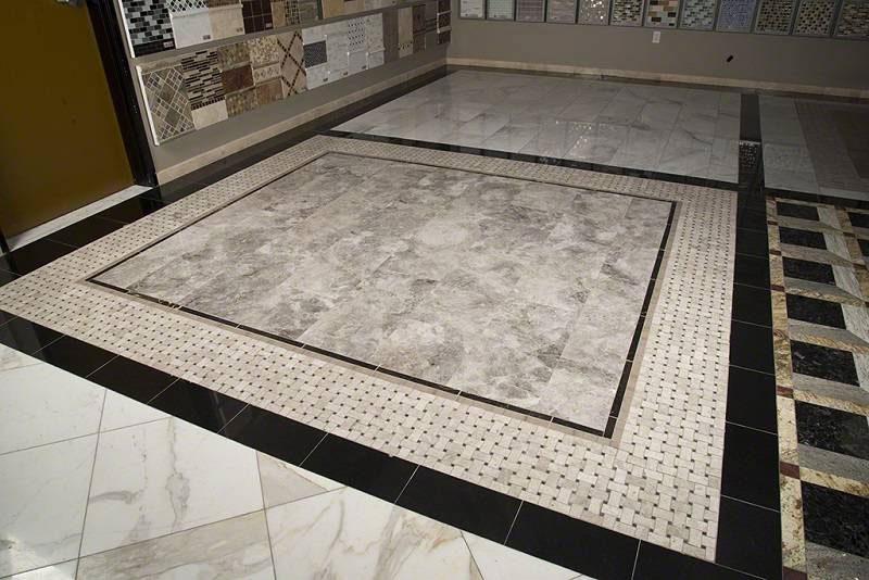 Tundra Gray Marble and Tundra Gray Basketweave Pattern Polished and Laurent Brown Marble and Athens Grey Marble Room Scene
