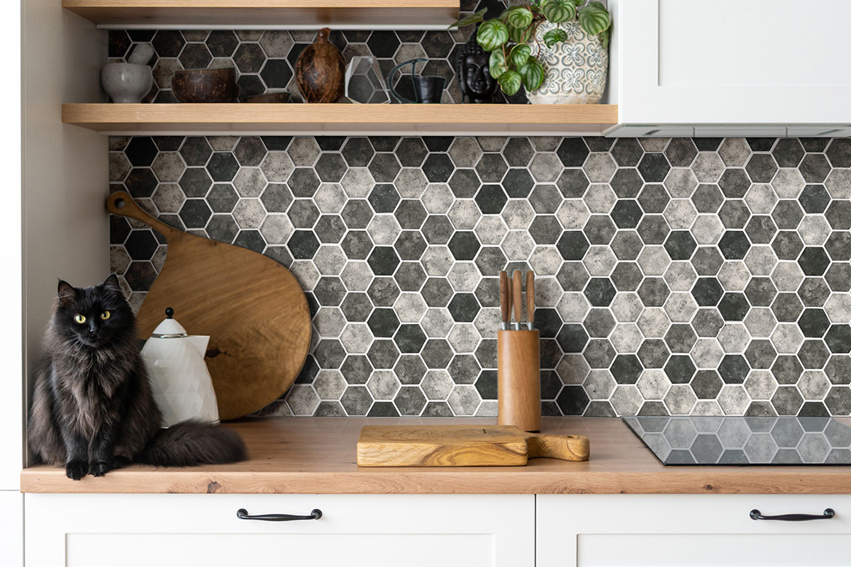 Urban Tapestry Hexagon Mosaic Tile backsplash in kitchen