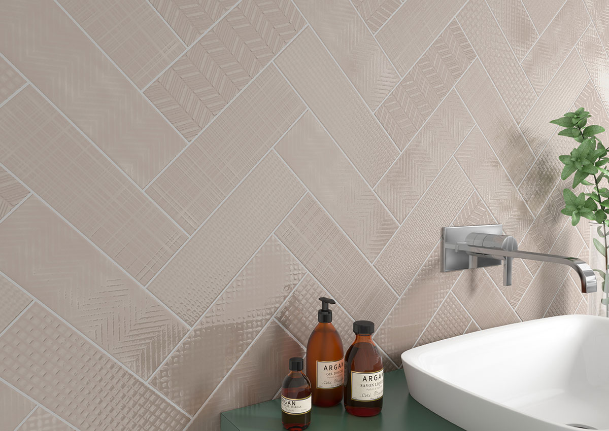 Urbano Warm Concrete 3d Mix Tile wall in bathroom