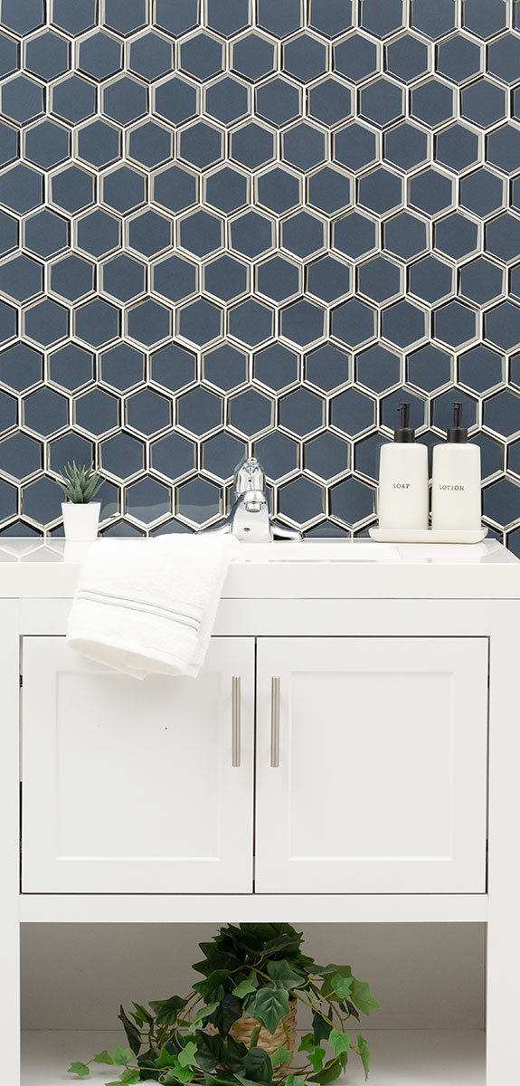 Vague Blue 3" Hexagon Mosaic Tile wall in bathroom