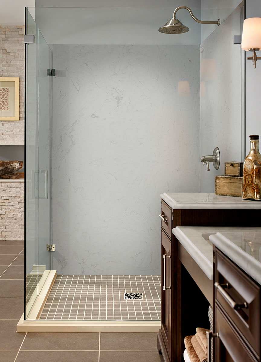 Vanilla Sky Engineered Marble Shower Wall in Bathroom