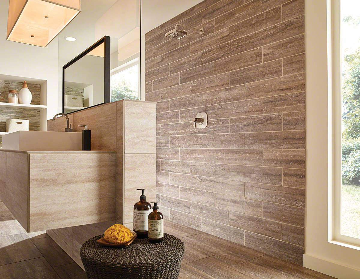 Golden Honey Pencil Stacked Stone wall in bathroom