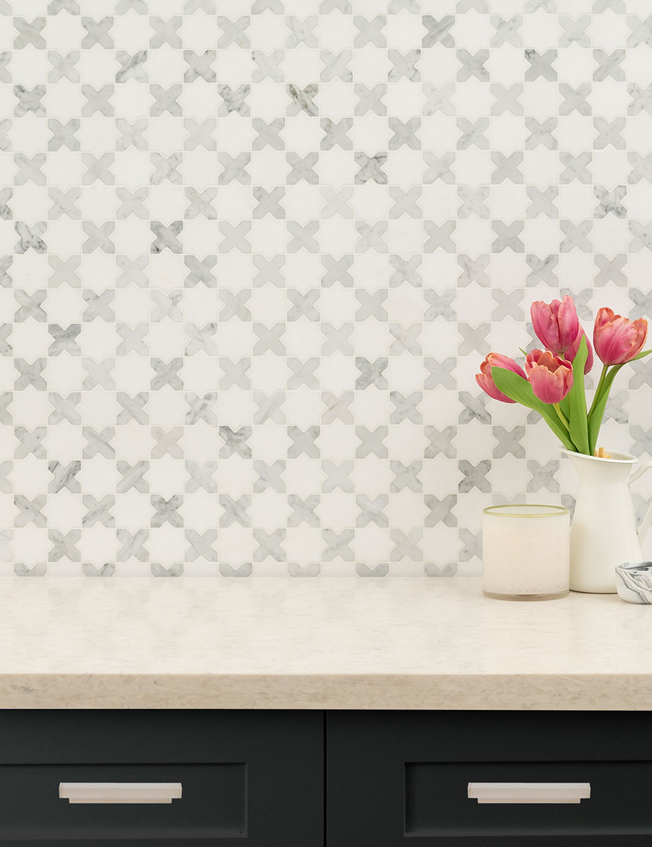 Vera Anne Pattern Polished backsplash tile in kitchen