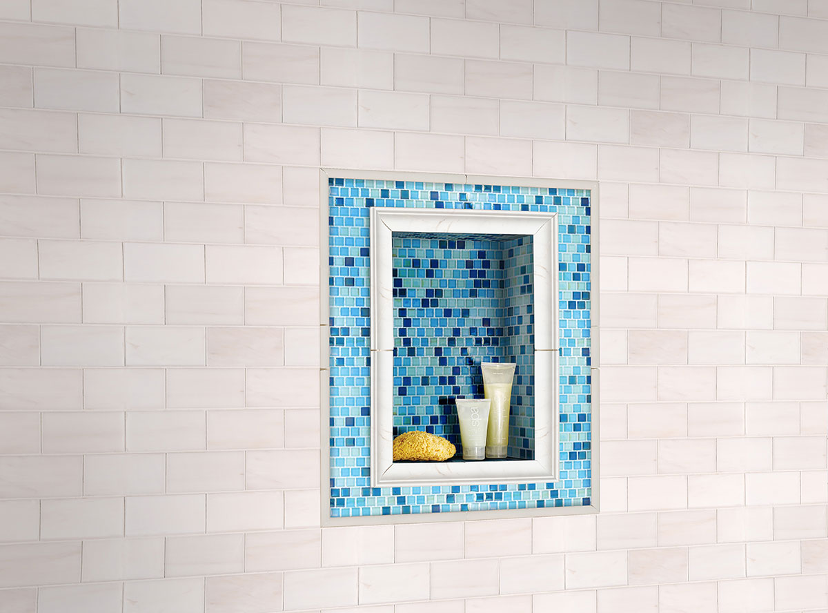 Whisper White Quarter Round Moulding Tile backsplash in bathroom inset wall