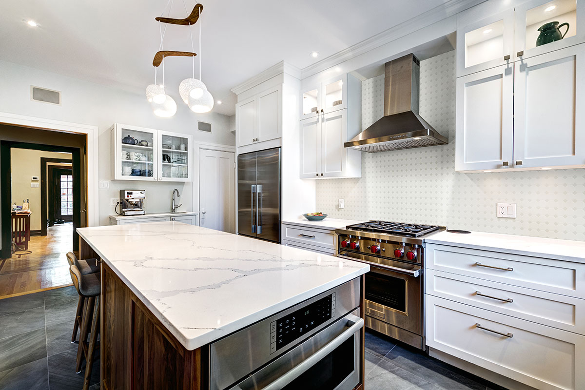 White And Gray Matte Octagon Tile backsplash in kitchen