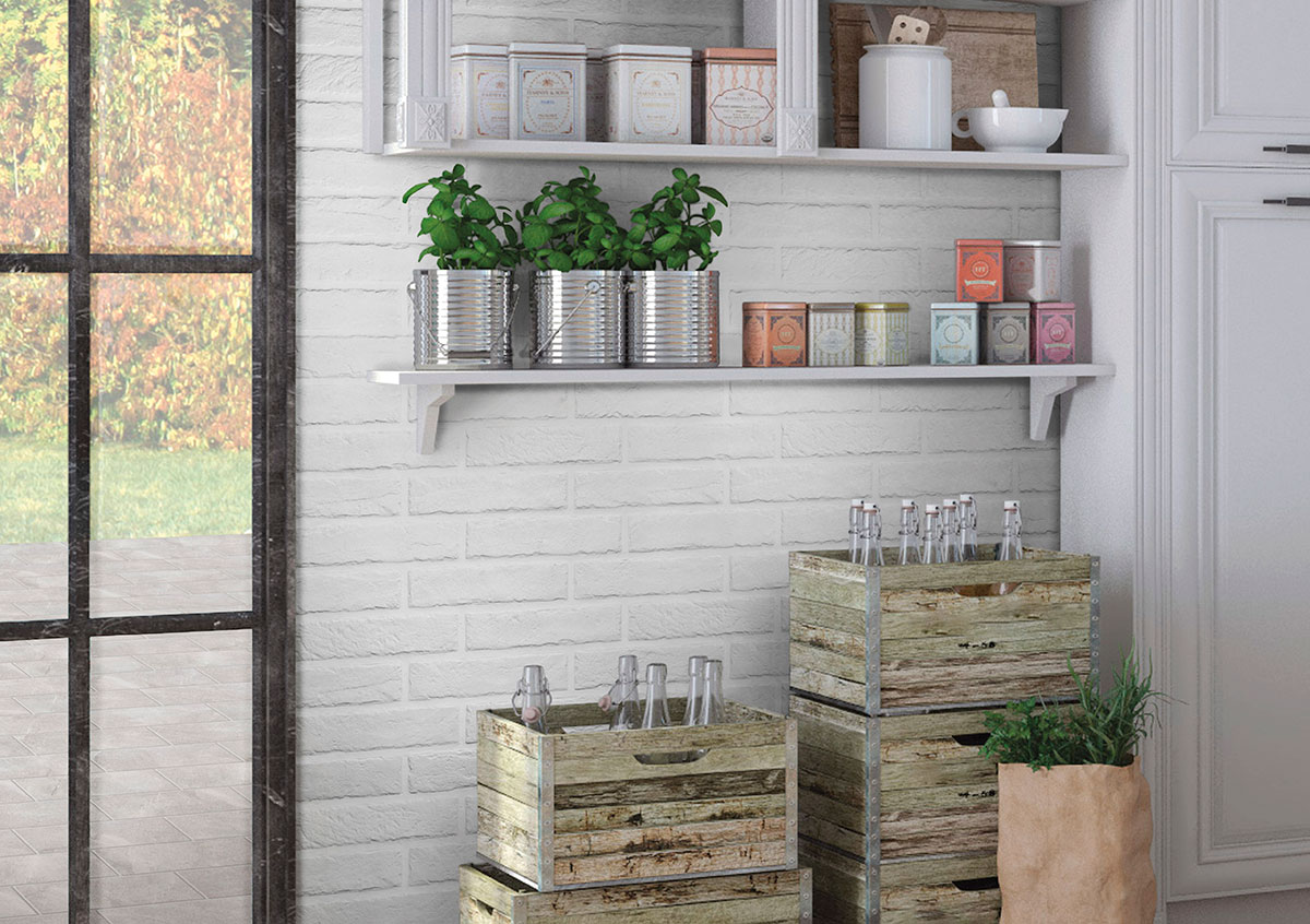 Brickstone White 2x10 Brick Tile wall in kitchen