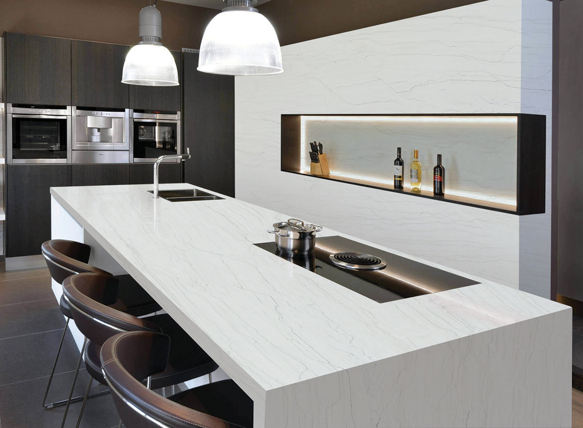 White Montreal Quartzite Countertop and Wall in Kitchen