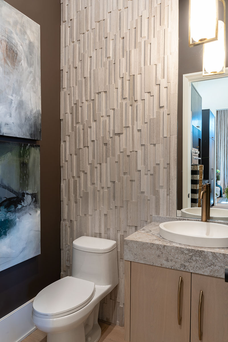 White Oak 3d Stacked Stone wall in bathroom