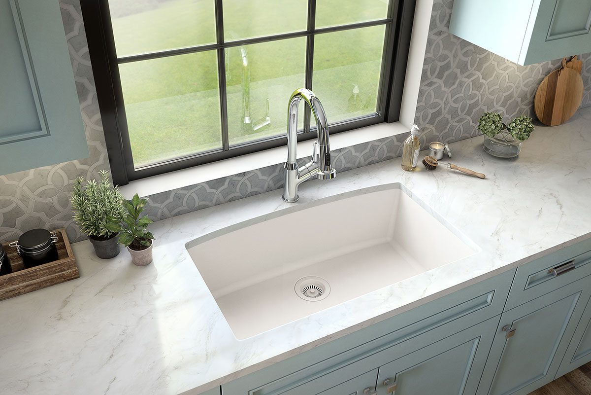 White Quartz Single Bowl 3219 sink in kitchen Room Scene