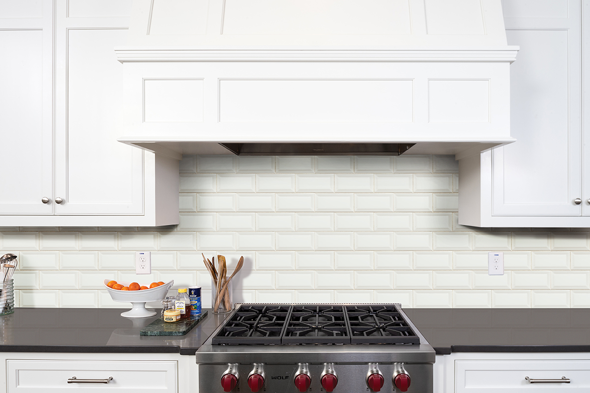 White Beveled Subway Tile 3x6 backsplash in kitchen