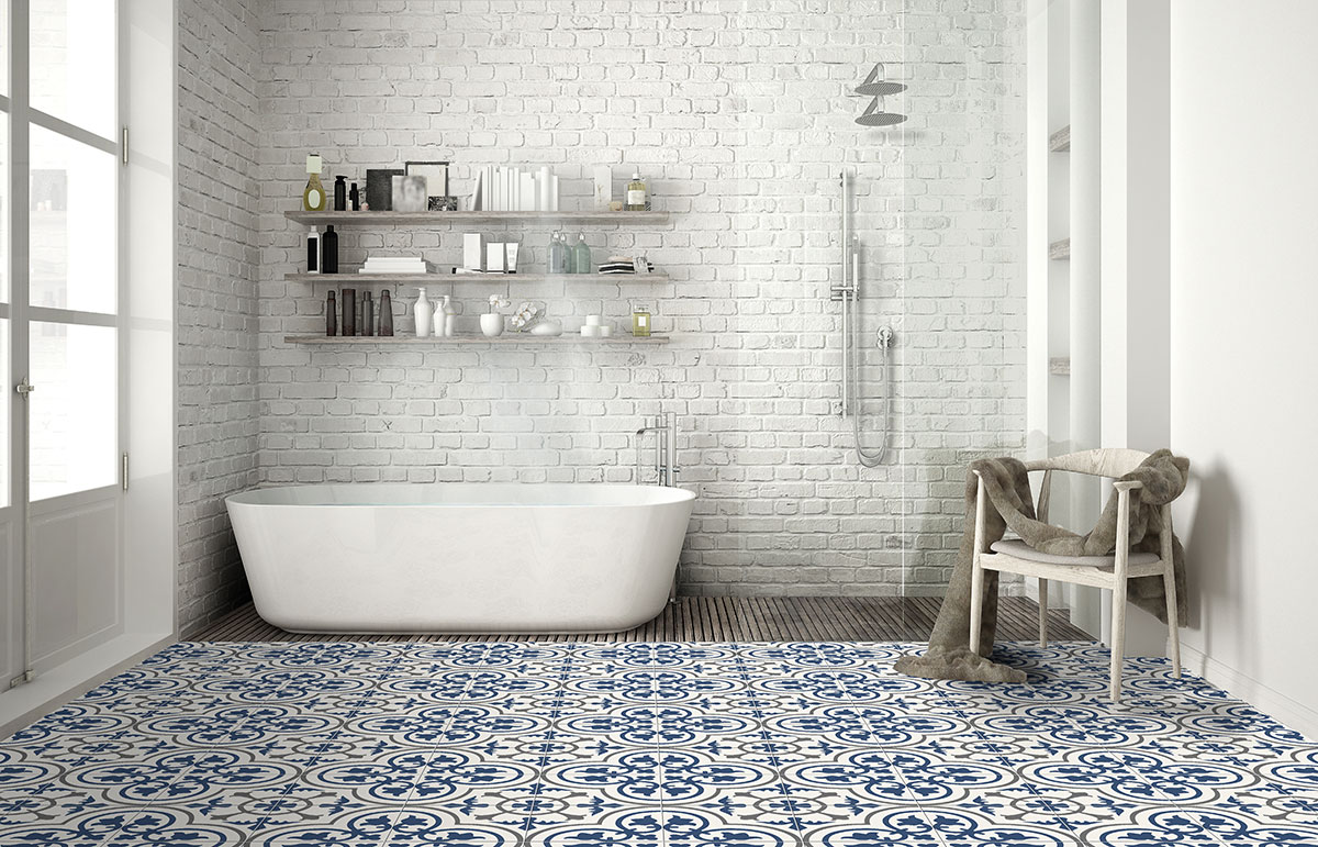 Zanzibar Encaustic Tile bathroom floor Room Scene