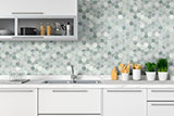 Icelandic Green 2"Hexagon Mosaic Tile backsplash in kitchen