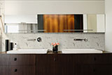 Statuario Celano Picket Glass Tile backsplash in kitchen
