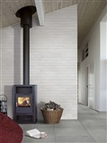 Brickstone White 2x10 Brick Tile wall near fireplace